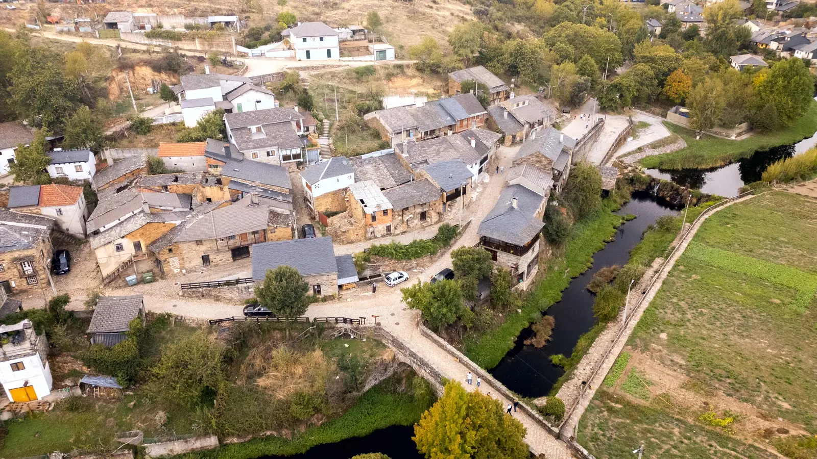 Telhados de xisto de Rio de Onor e a ribeira, vistos do ar